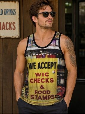 Ssur*Plus We Accept WIC Checks & Food Stamps Tank Top Black Yellow Size Medium